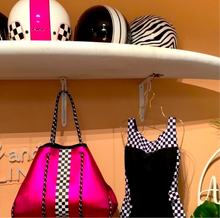 Load image into Gallery viewer, Waterproof Metallic Racer Tote Bag magenta pink / titanium silver neoprene + black and white racing checks purse by Shore and Skyline gift present 2024