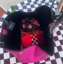 Load image into Gallery viewer, Waterproof Metallic Racer Tote Bag magenta pink / titanium silver neoprene + black and white racing checks purse by Shore and Skyline gift present 2024