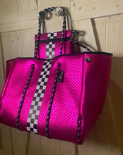 Load image into Gallery viewer, Waterproof Metallic Racer Tote Bag magenta pink / titanium silver neoprene + black and white racing checks purse by Shore and Skyline gift present 2024