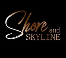 Load image into Gallery viewer, Shore and Skyline logo, metallic gold script on black