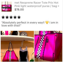 Load image into Gallery viewer, Waterproof Metallic Racer Tote Bag magenta pink / titanium silver neoprene + black and white racing checks purse by Shore and Skyline gift present 2024