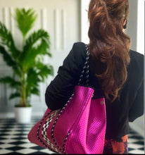 Load image into Gallery viewer, Waterproof Metallic Racer Tote Bag magenta pink / titanium silver neoprene + black and white racing checks purse by Shore and Skyline gift present 2024