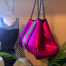 Load image into Gallery viewer, Waterproof Metallic Racer Tote Bag magenta pink / titanium silver neoprene + black and white racing checks purse by Shore and Skyline gift present 2024