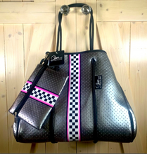 Load image into Gallery viewer, Waterproof Metallic Racer Tote Bag magenta pink / titanium silver neoprene + black and white racing checks purse by Shore and Skyline gift present 2024