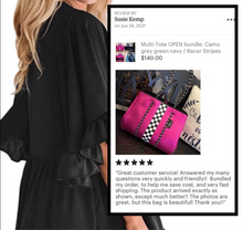 Load image into Gallery viewer, Waterproof Metallic Racer Tote Bag magenta pink / titanium silver neoprene + black and white racing checks purse by Shore and Skyline gift present 2024