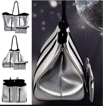 Load image into Gallery viewer, Waterproof Metallic Racer Tote Bag magenta pink / titanium silver neoprene + black and white racing checks purse by Shore and Skyline gift present 2024