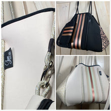Load image into Gallery viewer, NWT © Onyx Leopard 2.0 black neoprene Tote w/ dark leopard & taupe sides + metallic gold and rose-gold racing stripes - bright gold lining