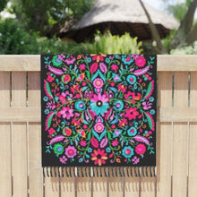 Load image into Gallery viewer, Boho beach blanket fringed wrap pool towel cover-up XL 6.5 ft black Bamba floral Serape stripes or pearl + cabana stripes