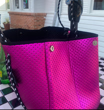 Load image into Gallery viewer, Waterproof Metallic Racer Tote Bag magenta pink / titanium silver neoprene + black and white racing checks purse by Shore and Skyline gift present 2024