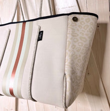 Load image into Gallery viewer, NWT © Onyx Leopard 2.0 black neoprene Tote w/ dark leopard & taupe sides + metallic gold and rose-gold racing stripes - bright gold lining