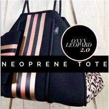 Load image into Gallery viewer, Black neoprene tote, metallic gold and rose-gold racing stripes, leopard side panel — Shore and Skyline