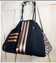 Load image into Gallery viewer, NWT © Onyx Leopard 2.0 black neoprene Tote w/ dark leopard & taupe sides + metallic gold and rose-gold racing stripes - bright gold lining