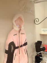 Load image into Gallery viewer, winter SNOWSUIT pink album white fur hood smooth puffer black stripe belted womens skisuit insulated pockets