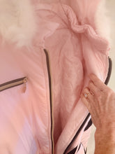 Load image into Gallery viewer, winter SNOWSUIT pink album white fur hood smooth puffer black stripe belted womens skisuit insulated pockets
