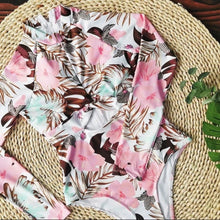 Load image into Gallery viewer, UPF Rashguard Pink Hibiscus - Aqua Palms surfsuit swimsuit (S-XL) white pink peach aqua mint beach pool surf swim women feminine modest