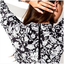 Load image into Gallery viewer, s-xxl UPF Rashguard AIR WAVES Swimsuit black paisley one-piece hip arrows beach pool surf women modest feminine long-sleeve 2023 gift