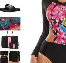 Load image into Gallery viewer, UPF Rashguard: Black Floral Side-swipe surfsuit swimsuit wetsuit Small Medium Large women UV protect vacation one-piece modest Boho sporty