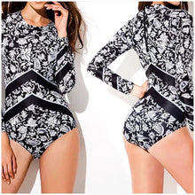 Load image into Gallery viewer, s-xxl UPF Rashguard AIR WAVES Swimsuit black paisley one-piece hip arrows beach pool surf women modest feminine long-sleeve 2023 gift
