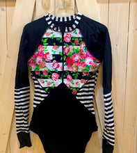 Load image into Gallery viewer, UPF Rashguard Black Flora-Line surfsuit / swimsuit Small Medium Large X-Large XXL black white stripe pink floral modest beautiful 2023