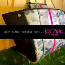 Load image into Gallery viewer, Neoprene Waterproof Tote cheetah + metallic bronze pink & black racing stripes +various grey gray navy blue aqua violet red silver gold bag