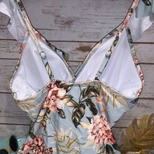 Load image into Gallery viewer, S-XL petite Laurel Mint Blue Swimsuit one-piece vintage chic blue w hints of mint + florals ferns & femme ruffles sophisticated chic V neck