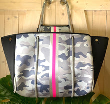 Load image into Gallery viewer, new Neoprene Tote Bag grey / gray Camo + metallic silver & hot pink racing stripes ( + various racer checks / deer / leopard / cheetah )