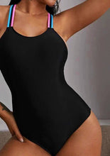 Load image into Gallery viewer, Fan Flair Black One-piece Swimsuit w pink and turquoise webbed fan back - S M L & XL