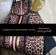 Load image into Gallery viewer, Neoprene Waterproof Tote cheetah + metallic bronze pink & black racing stripes +various grey gray navy blue aqua violet red silver gold bag