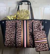 Load image into Gallery viewer, Neoprene Waterproof Tote cheetah + metallic bronze pink & black racing stripes +various grey gray navy blue aqua violet red silver gold bag