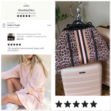 Load image into Gallery viewer, Neoprene Waterproof Tote cheetah + metallic bronze pink & black racing stripes +various grey gray navy blue aqua violet red silver gold bag