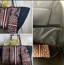 Load image into Gallery viewer, Neoprene Waterproof Tote cheetah + metallic bronze pink & black racing stripes +various grey gray navy blue aqua violet red silver gold bag
