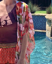 Load image into Gallery viewer, Kimono: resort floral swim wrap (pink or red) cover up / caftan / lounge beach or bath / best seller 2021 gift present vacation birthday
