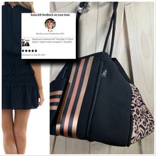 Load image into Gallery viewer, NWT © Onyx Leopard 2.0 black neoprene Tote w/ dark leopard & taupe sides + metallic gold and rose-gold racing stripes - bright gold lining