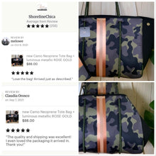 Load image into Gallery viewer, nwt Camo Luxe Rose 2.0 Neoprene Tote Bag + luminous metallic ROSE GOLD stripes w added top zip closure 2023 purse waterproof light beach