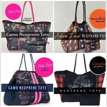 Load image into Gallery viewer, new Neoprene Tote Bag grey / gray Camo + metallic silver & hot pink racing stripes ( + various racer checks / deer / leopard / cheetah )