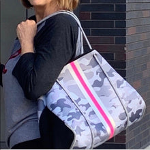 Load image into Gallery viewer, new Neoprene Tote Bag grey / gray Camo + metallic silver & hot pink racing stripes ( + various racer checks / deer / leopard / cheetah )