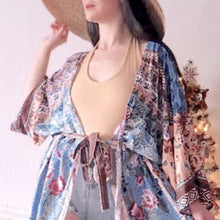 Load image into Gallery viewer, new Boho Kimono - Mulberry Blues beach / bath / bedside wrap - lounge swim vanity feminine eclectic gift