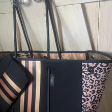 Load image into Gallery viewer, NWT © Onyx Leopard 2.0 black neoprene Tote w/ dark leopard & taupe sides + metallic gold and rose-gold racing stripes - bright gold lining