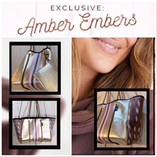 Load image into Gallery viewer, Neoprene Waterproof Tote cheetah + metallic bronze pink & black racing stripes +various grey gray navy blue aqua violet red silver gold bag