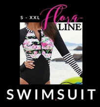 Load image into Gallery viewer, UPF Rashguard Black Flora-Line surfsuit / swimsuit Small Medium Large X-Large XXL black white stripe pink floral modest beautiful 2023