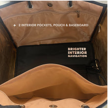 Load image into Gallery viewer, NWT © Onyx Leopard 2.0 black neoprene Tote w/ dark leopard & taupe sides + metallic gold and rose-gold racing stripes - bright gold lining