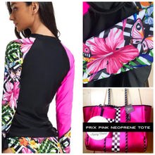 Load image into Gallery viewer, S - 2XL 2-pc surfsuit Mar-a-Lago Mariposa UPF rashguard top & bikini bottoms w side ties butterflies hibiscus pink black butterflies 2023