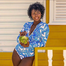 Load image into Gallery viewer, Blue Jazz Swim one-piece rashguard surfsuit swimsuit lined white royal blue turquoise paisley modest full coverage women longsleeve