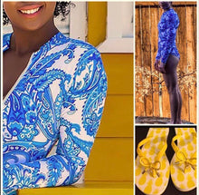 Load image into Gallery viewer, Blue Jazz Swim one-piece rashguard surfsuit swimsuit lined white royal blue turquoise paisley modest full coverage women longsleeve