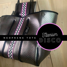 Load image into Gallery viewer, new Neoprene Tote Bag grey / gray Camo + metallic silver & hot pink racing stripes ( + various racer checks / deer / leopard / cheetah )
