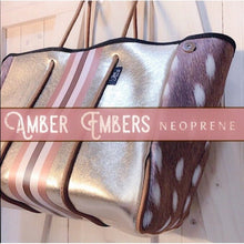 Load image into Gallery viewer, NWT © Amber Embers neoprene TOTE smooth honey blushed metallic bronze w/ auburn fawn deer sides + rouged amber lit & chocolate racing stripe
