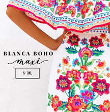 Load image into Gallery viewer, Blanca Boho beach maxi + form flattering twist on tradition with smooth floral print light travel quince wedding shower airy photography