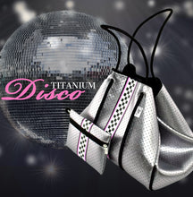 Load image into Gallery viewer, new Neoprene Tote Titanium Disco metallic silver waterproof bag + black white racing checks w pink border + variations - Pink Racer purse