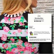 Load image into Gallery viewer, UPF Rashguard Black Flora-Line surfsuit / swimsuit Small Medium Large X-Large XXL black white stripe pink floral modest beautiful 2023