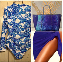 Load image into Gallery viewer, Blue Jazz Swim one-piece rashguard surfsuit swimsuit lined white royal blue turquoise paisley modest full coverage women longsleeve